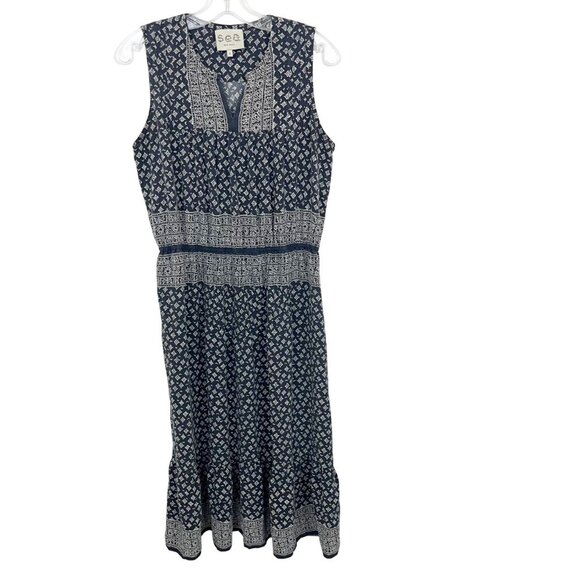 Sea New York Navy Blue & White Ikat Printed Silk Midi Dress - Women's Size 8 - Picture 1 of 7